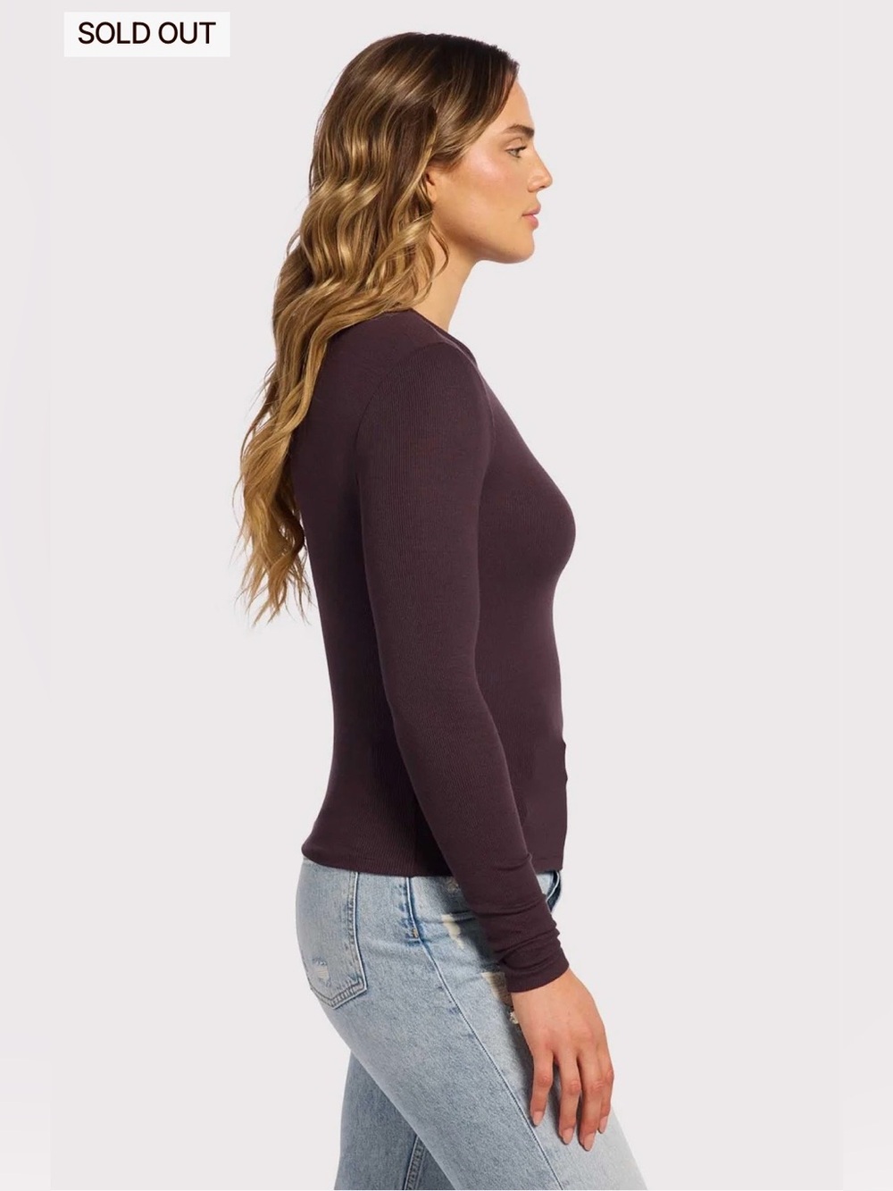 Nuuds Eggplant Slinky Ribbed Long Sleeve High Crew Neck Tee Size XL - Picture 2 of 7